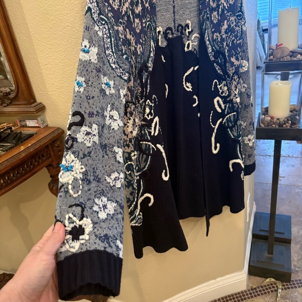 Anthropologie HWR Monogram Emmia Blue Hand-Stitched Embroidered Open Cardigan-S - Picture 2 of 7
